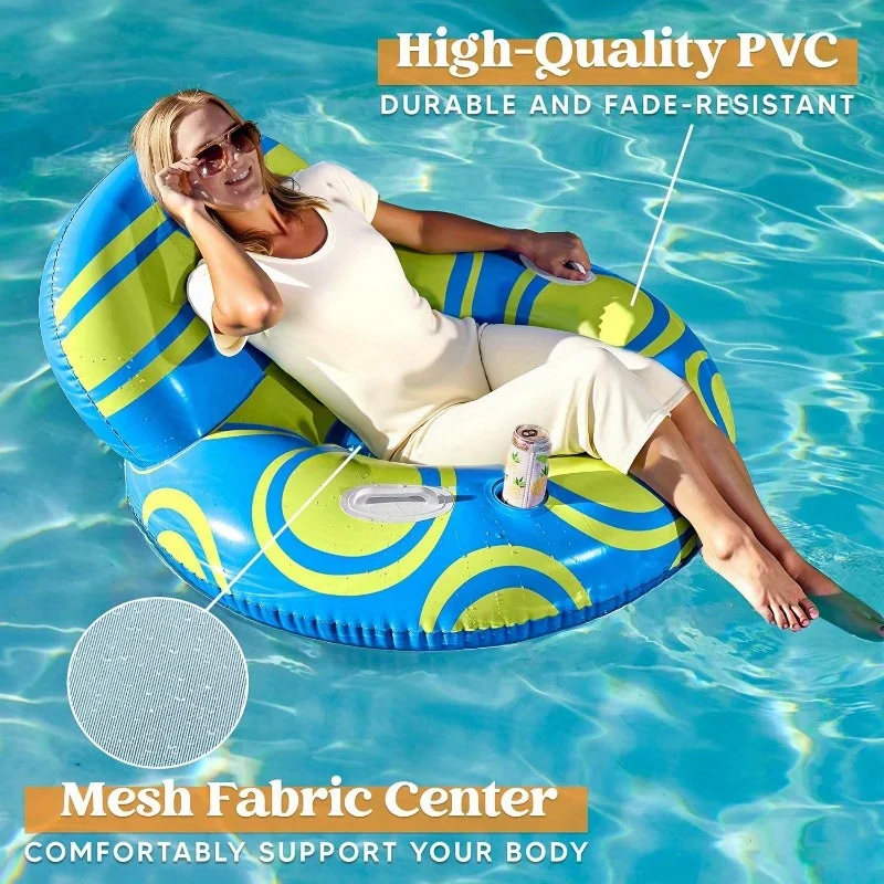 

2026NewSYNCFUN Inflatable Pool Float Lounger - River Tube Floating Chair Sofa With Big Backrest, Blow Up Floaties Lake Raft Lounge With Mesh Bottom Handle Cup Holder Pool Party For Adults(Blue Yellow)