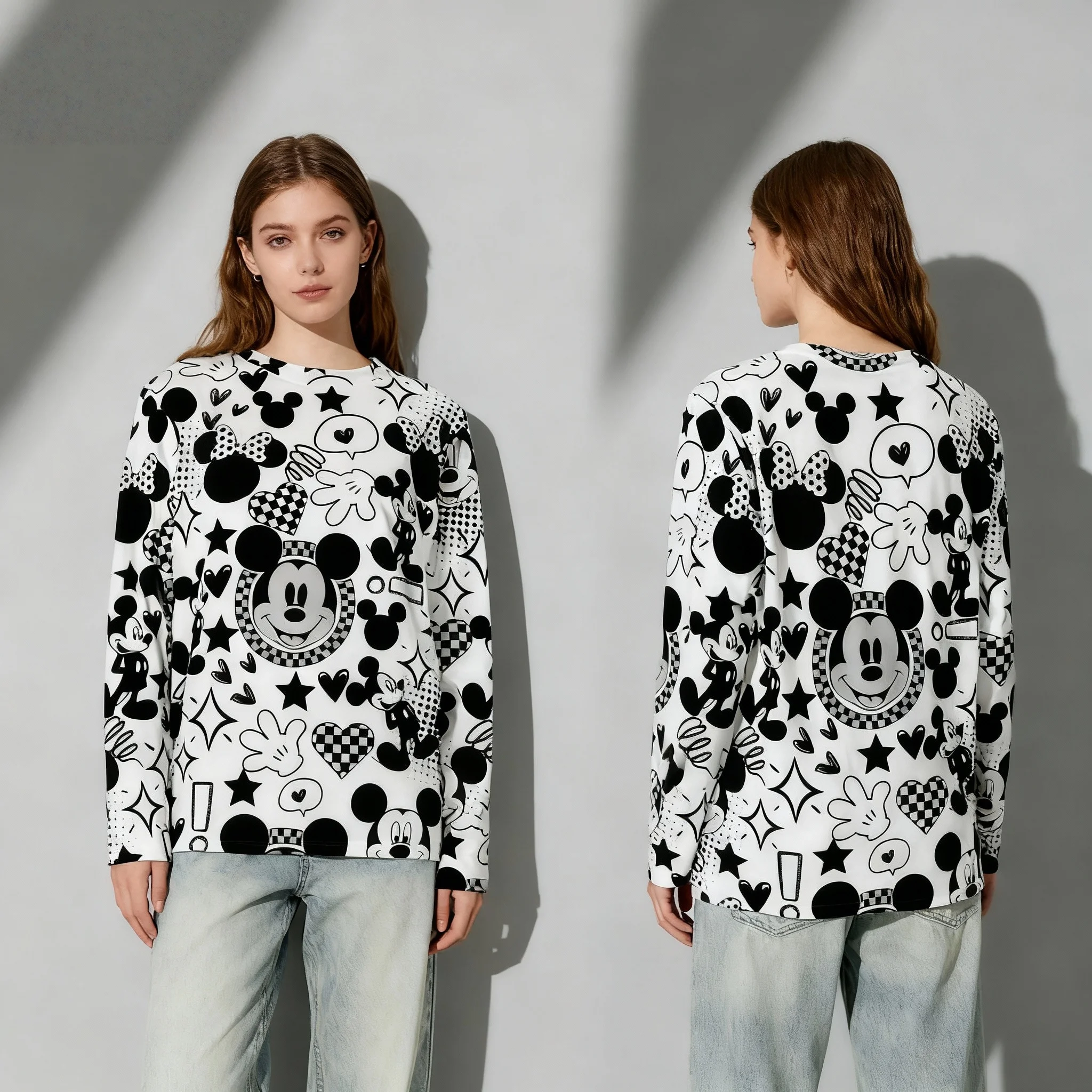 

Осенне-зимняя футболка с длинными рукавами Disney Animation Series с Микки и друзьями, уличная футболка большого размера для женщин, взрослых и детей в одном стиле