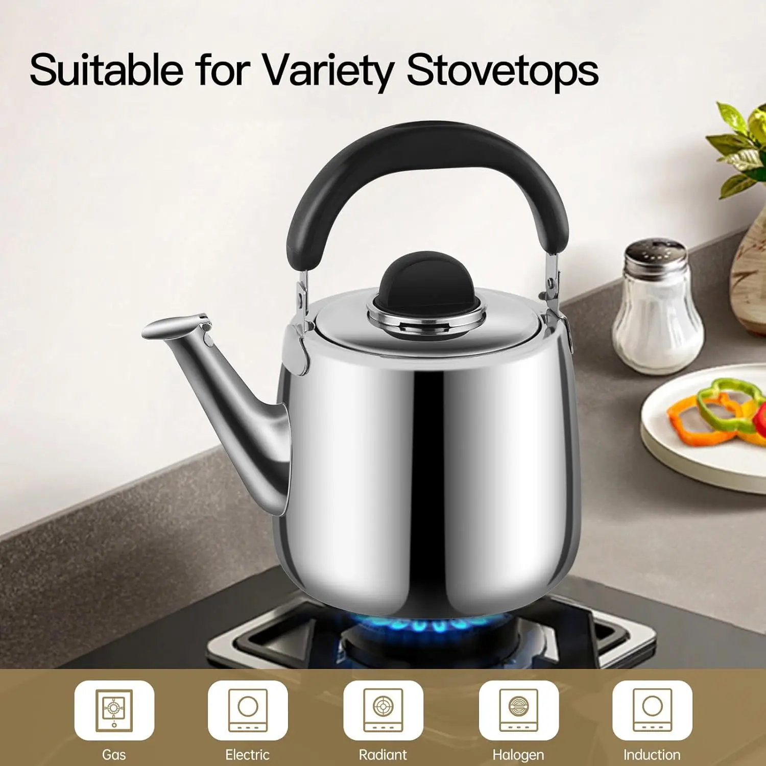 กาต้มน้ำชา, กาต้มน้ำชาแบบมีเสียงหวีดสำหรับเตา, กาต้มน้ำชาสแตนเลสขนาด 2 ควอร์ต, กาต้มน้ำชาแบบเหนี่ยวนำสำหรับเตา (1.9 ลิตร, สีเงิน)