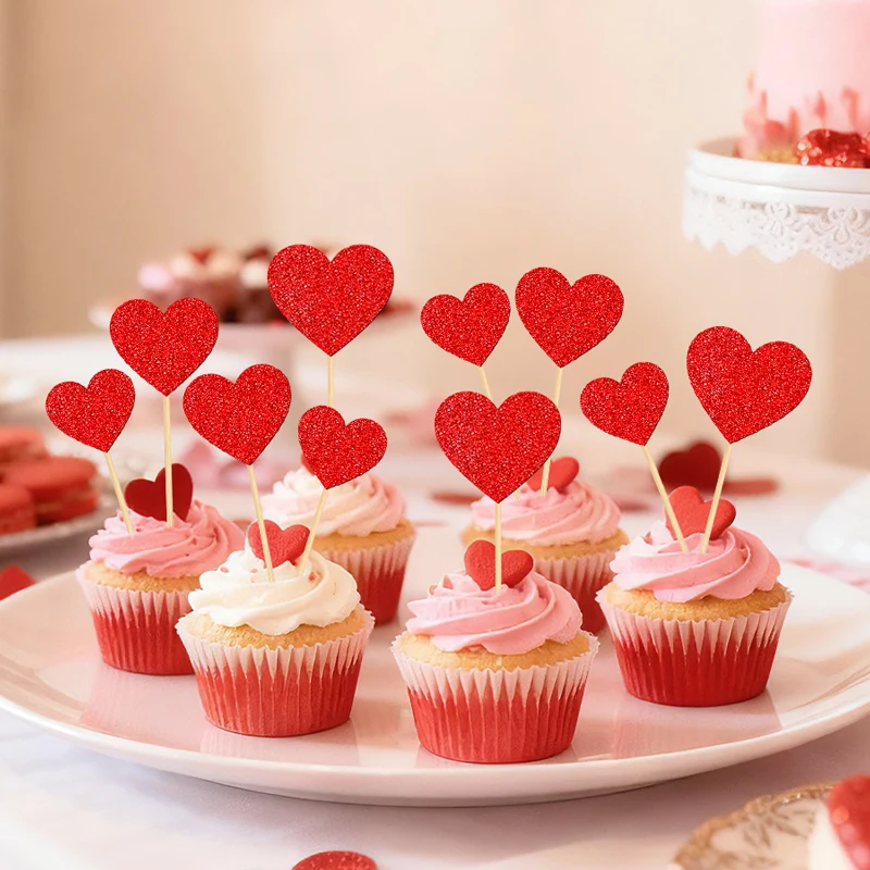 YOMDID 20 Stück Herz-Kuchenaufsätze, glitzernde Liebesherz-Cupcake-Picks, Valentinstag-Dekorationen, Hochzeitstorte-Dekorationen, Zubehör