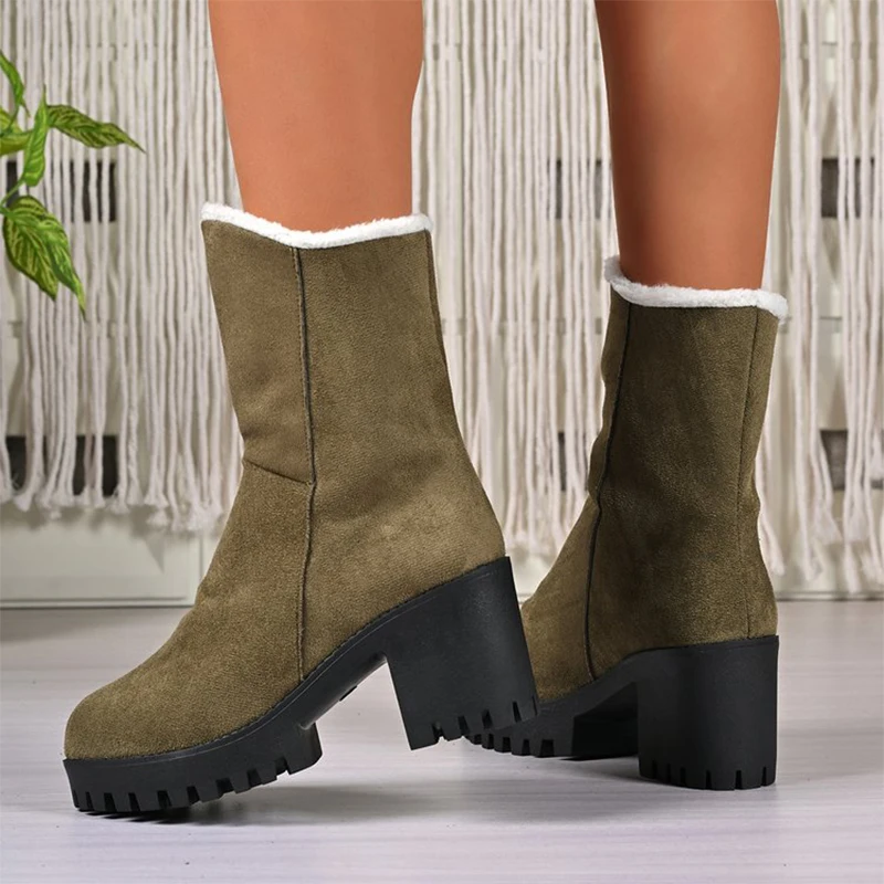 سميكة عالية الكعب الثلوج أحذية للنساء منصة صوف مبطن الدافئة حذاء من الجلد امرأة السببية جولة تو فو الجلد المدبوغ Zapatos Mujer #5