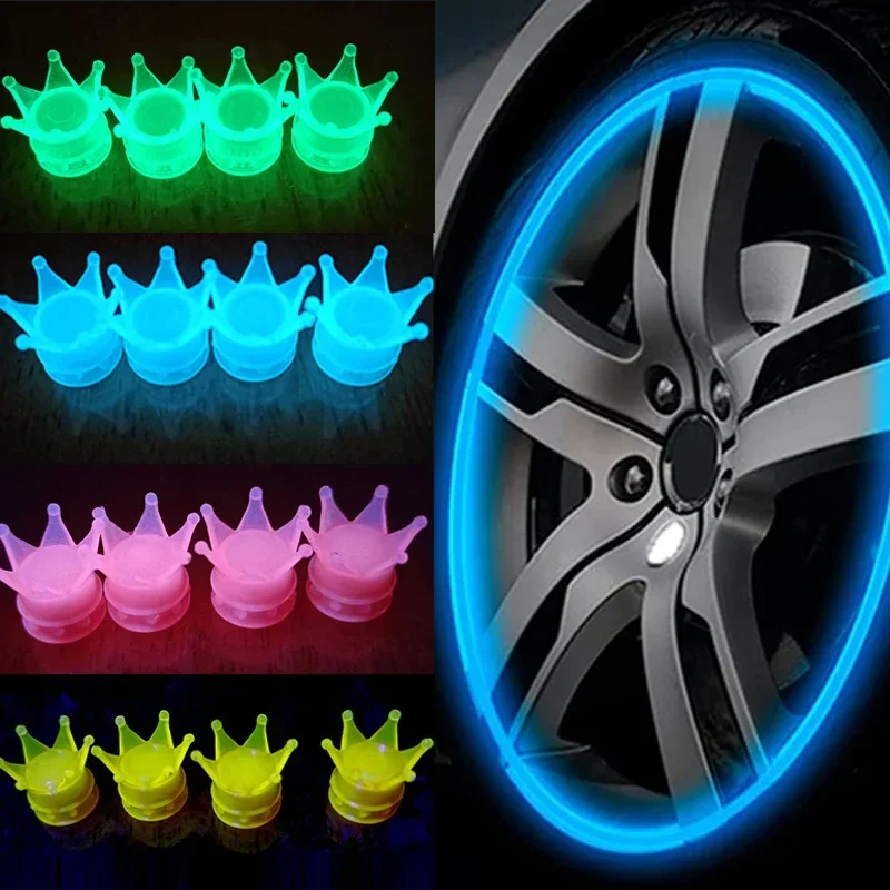 Luminous Crown Shape Wheel Tire Valve Cover Car Motorcycle Bike Tire Dust Valve Fluorescent Cap Car Tire Decoration Accessories