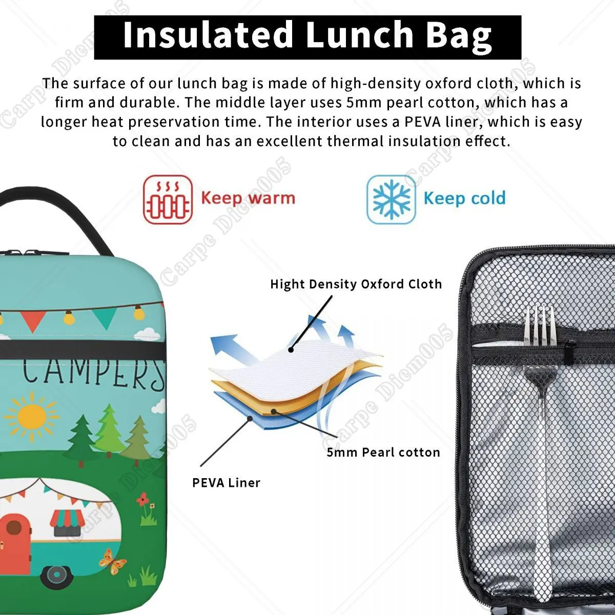 Adventure Camper Happy Camp Insulated Lunch Bag Women Portable Cartoon RV Van Life Cooler Thermal Bento Box Kids School Children