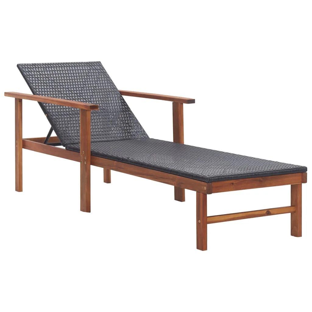 

Sun Lounger, Poly Rattan and Solid Acacia Wood Outdoor Recliner Chair, Patio Furniture Black 200 x 55 x 56 cm