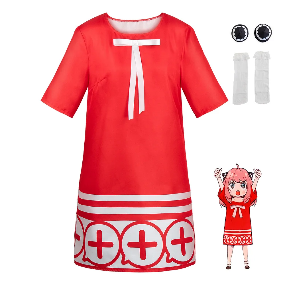 Anime SPY X FAMILY Anya Forger Cosplay Costume red Dress Uniform women Girls Pink Wig Stockings Comic Con Party Role Play Outfit view 3
