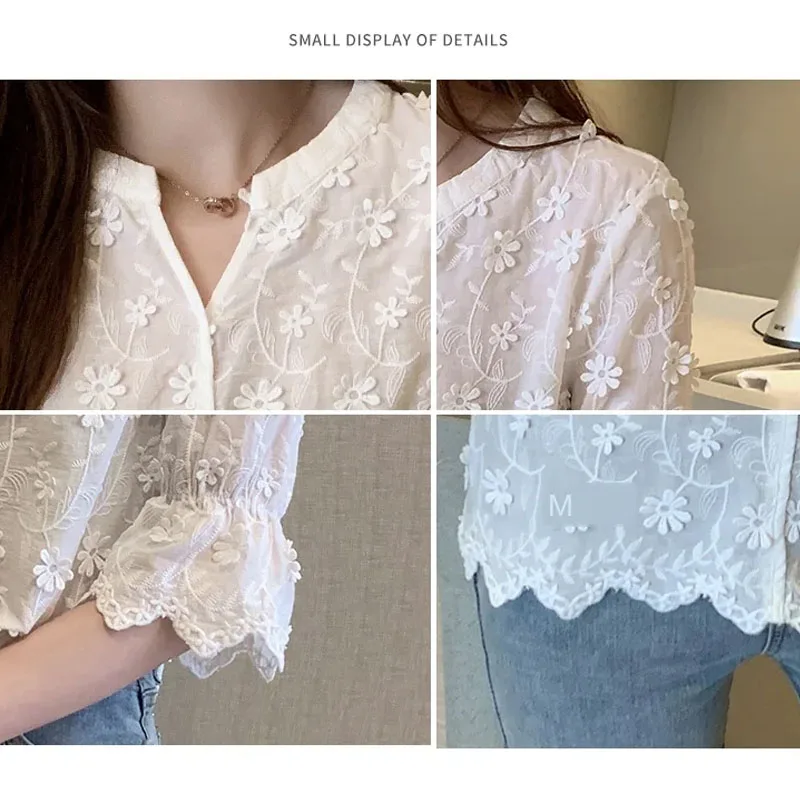 Camisa fina de verano con cuello en V para mujer, blusa de media manga con decoración floral tridimensional de estilo dulce, Tops de encaje para mujer 9638