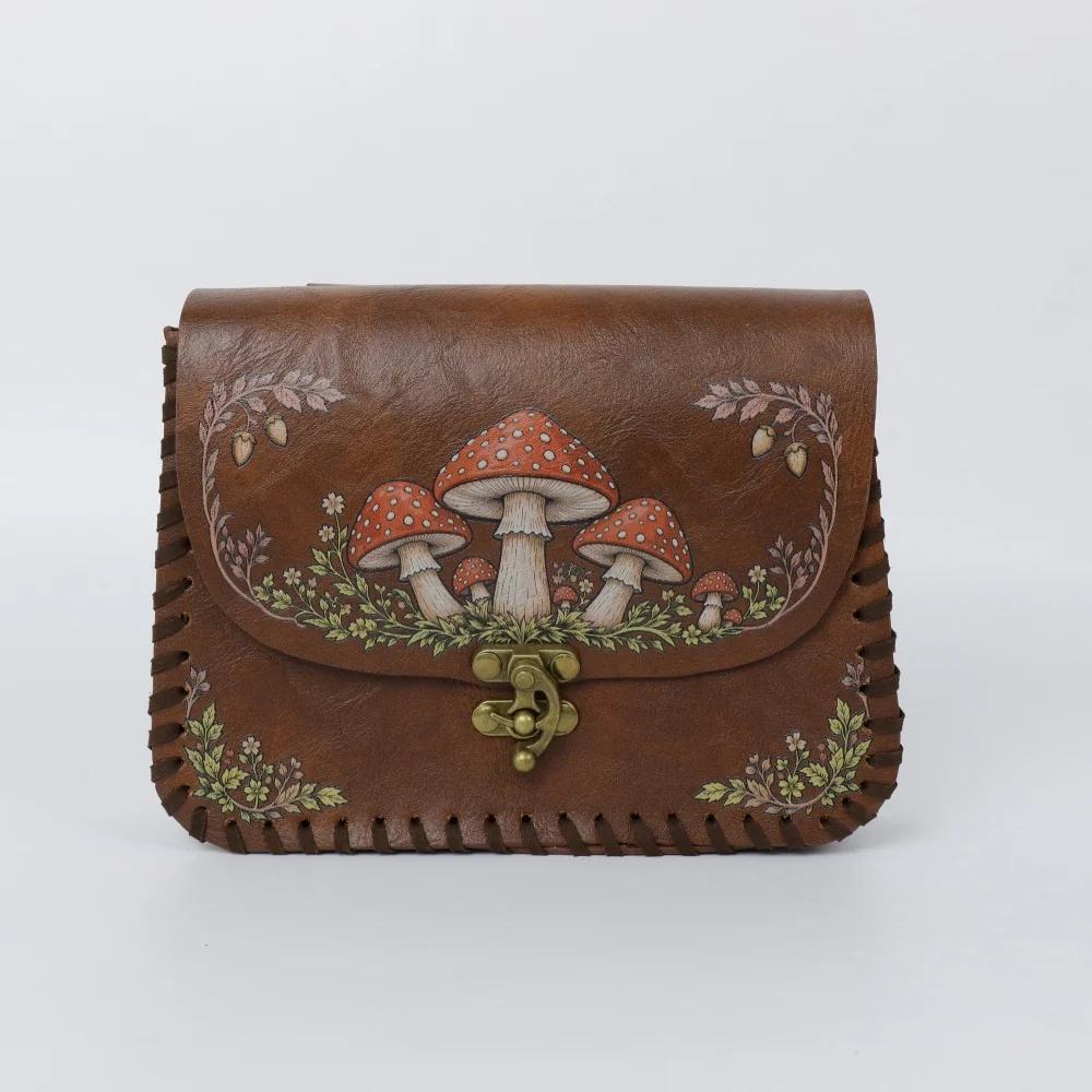 1 Piece Red Mushroom Print PU Waist Bag Medieval Renaissance Style, Distressed Faux Leather Flip Coin Pouch with Wide Belt, Mini - view 3