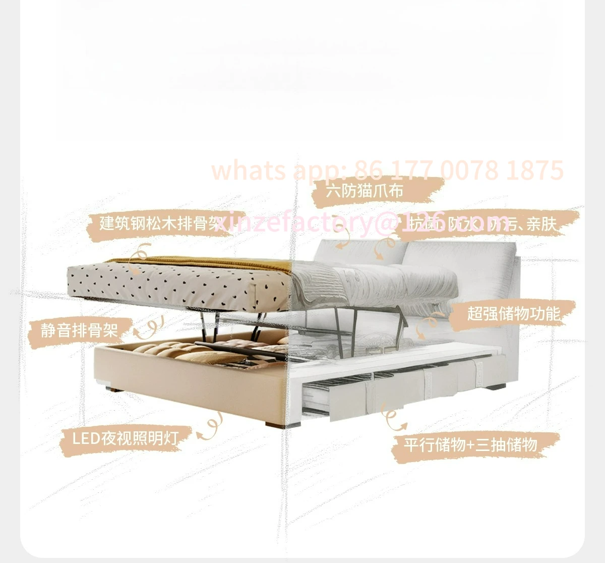 سرير قماشي للتخزين عبرية قابل للتخصيص، حقيبة ناعمة للرياح، غرفة نوم رئيسية مزدوجة مع درج تخزين، خزانة عالية