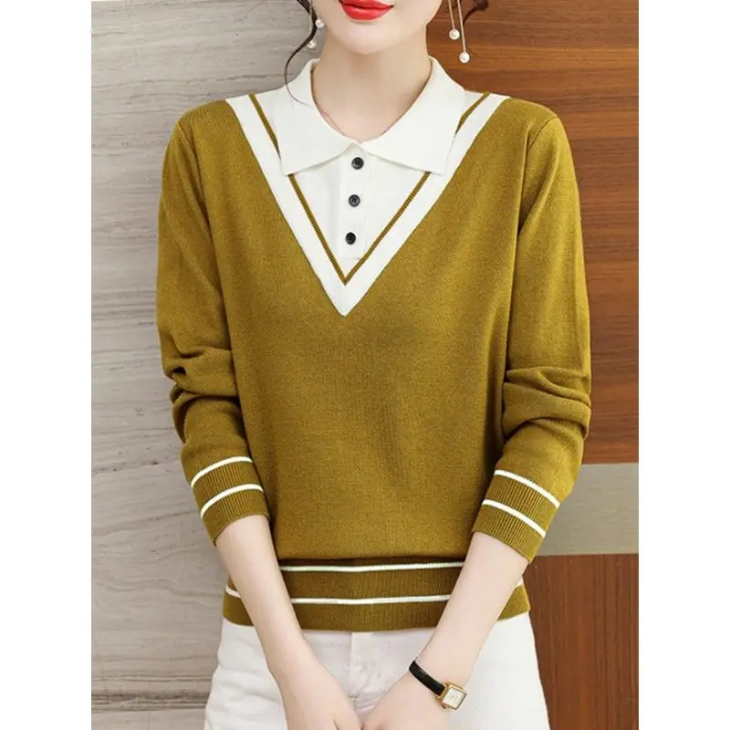 Spring and Autumn Women\'s Fashion Elegant Fake Two Piece Polo Neck Knit Loose Solid Color Pullover Casual Panel Sweater Tops