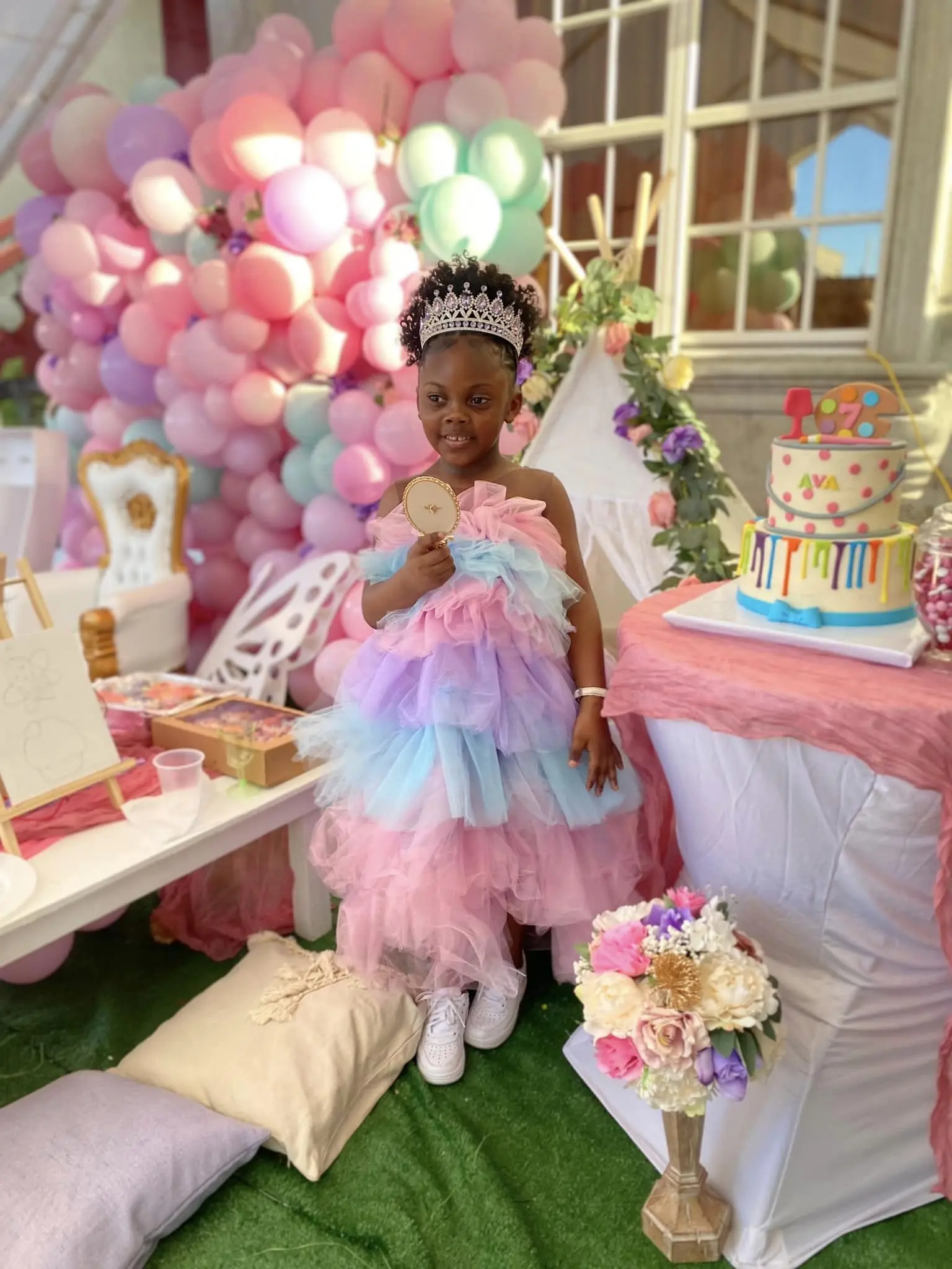 Vestidos de fiesta de cumpleaños de princesa colorida para niñas, vestidos de flores con cuello de ilusión, vestido de baile para niños, vestido de niña para sesión de fotos