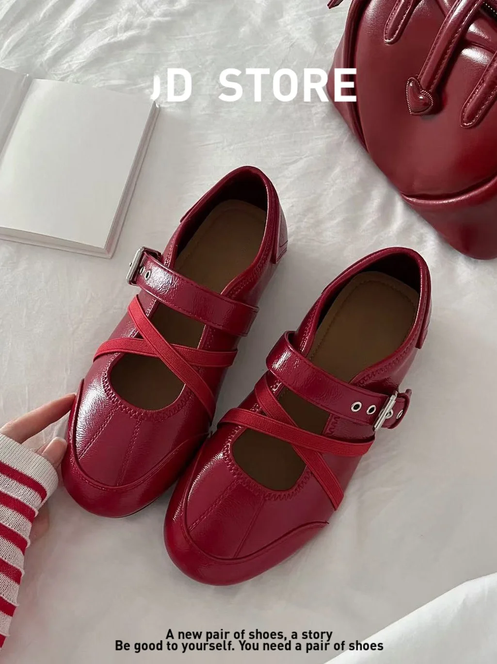 red-mary-jane-ballet-flat-shoes-women's-spring-2026-new-cross-buckle-leather-version-increased-height-5cm-fashionable-flats