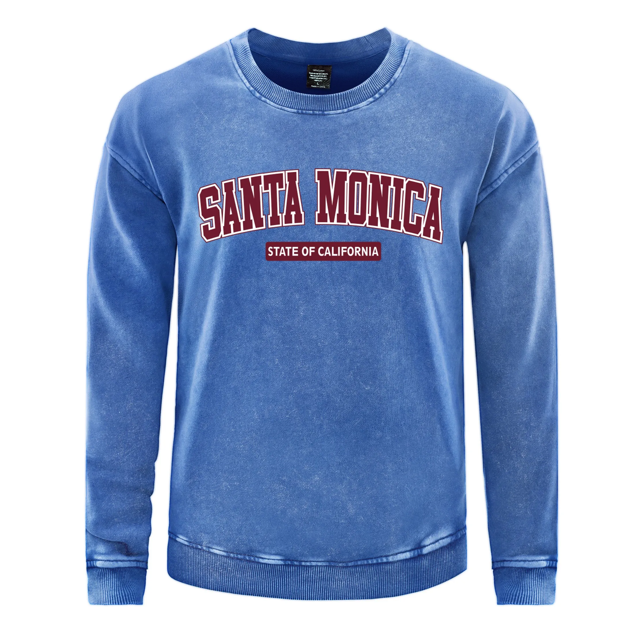 Santa Monica State Of California Men Retro Snow Wash Pullovers O-Neck Washed Sweatshirt Cotton Oversize Streetwear Unisex Tops