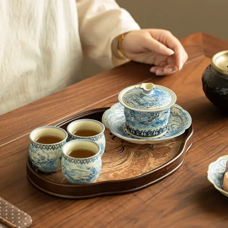 Feitian Blue and White Flint Red Covered Bowl Tea Cup Tea Tray Tea Set Unique Tea Ceremony Set Tea Gaiwan Luxury Kung Fu Tea Set