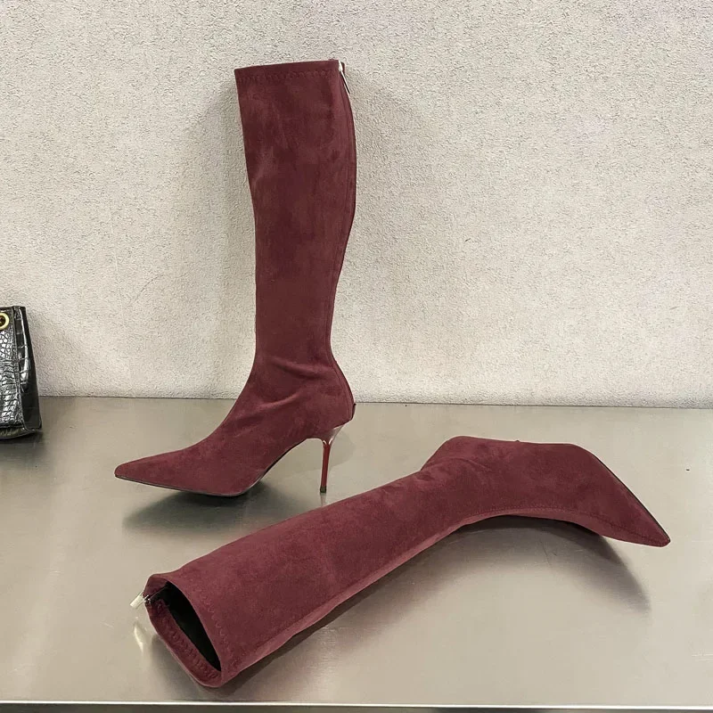 

Eilyken/осенне-зимние женские сапоги до колена с острым носком, уличный стиль, модные туфли на тонком высоком каблуке с застежкой-молнией, банкетные туфли для выпускного вечера