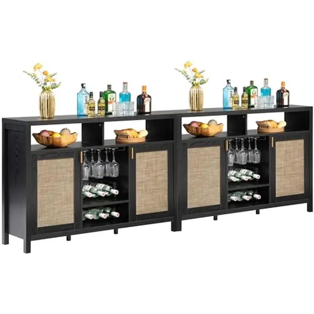 

Modern Rattan Wine Liquor Cabinet Sideboard Buffet 102" with Storage Shelves Set of 2 Console Credenza Bouquet Bottle Glass