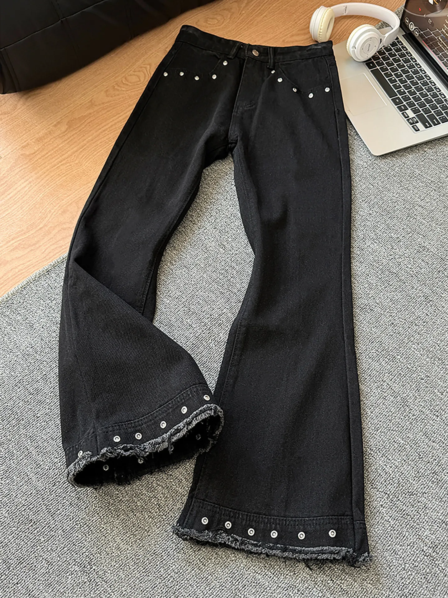 

Black Frayed Nail Denim Jeans Men's Autumn High Waist Slim Fit Micro Flare Pants American Style Cleanfit Youth Casual Jeans