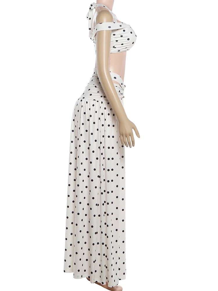 Nibber Chic Vacation 2-teiliges Set für Damen mit Polka-Dot-Print, sexy Neckholder-Bandagen-Crop-Tops mit Schrägausschnitt + hohler, geraffter Rock, Trendanzüge – Detail 16