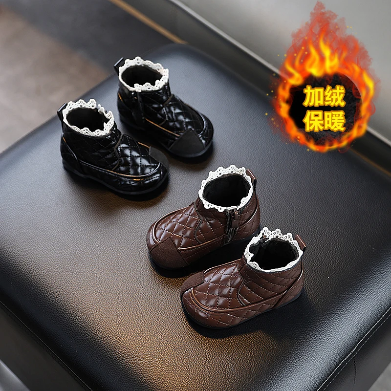 

Children's Leather Boots 2025 Winter Korean Style New Baby Fashion Boots, Girls' Leather Lace Edge Warm Boys Boots 15~25 Yard