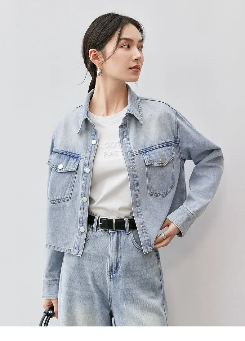 

SENTUBILA Women's Spring Cropped Denim Jacket 2025 Long Sleeve Outerwear Short Coat 100% Cotton Washed Jean Jackets W43W56031