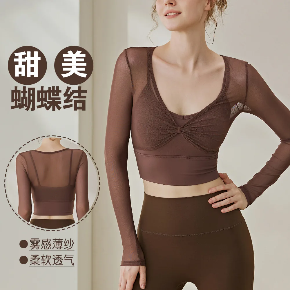 Mesh Splicing Yoga T-Shirt with Chest Cushion Long Sleeved Mesh Back Fitness Sports Fashion Top for Women Top Wear