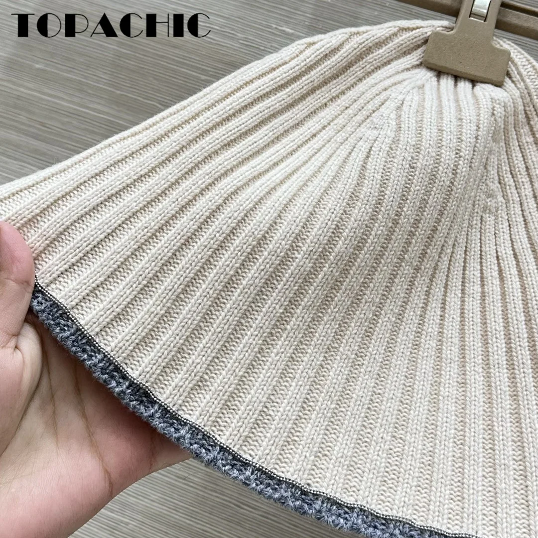 8.25 TOPACHIC-Women\'s Hand Beading Chain Decoration Caps Contrast Color Ribbed Wool Knit Wide Brim Dome Casual Bucket Hats