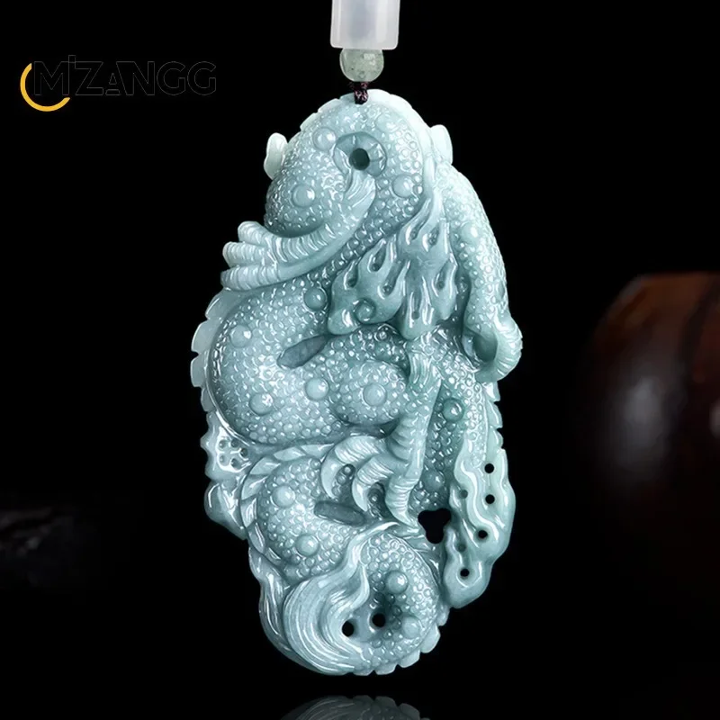 High-grade Natural Jadeite Blue Water God Dragon Protection Master Zodiac Dragon Pendant Overbearing Fashion Men Lucky Amulet