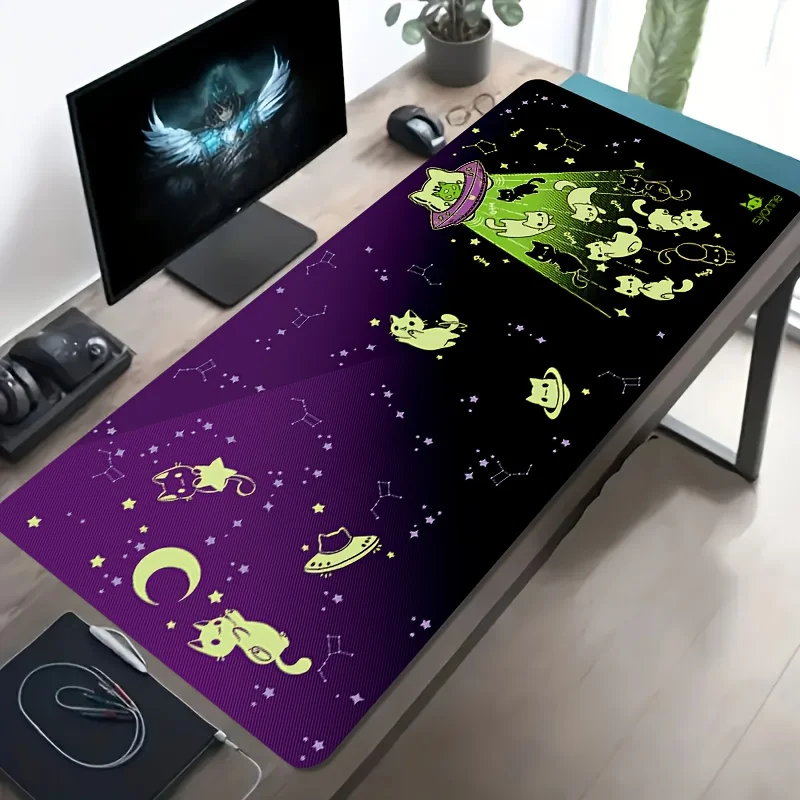 Oversized Esports Mouse Pad - Fluorescent Cat & Flying Saucer Starry Sky Fantasy Design, Washable Desk Accessory