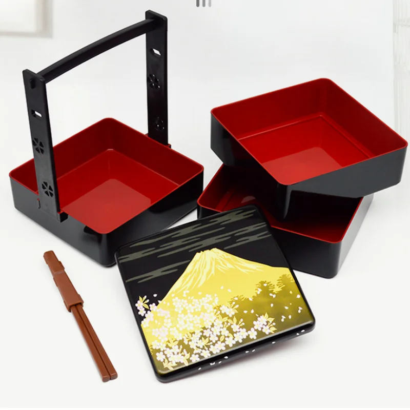 Japanese Bento Lunch Box Three Tiers Stackable with Chopsticks Decorative Osechi Containers for Picnic Sushi and Food