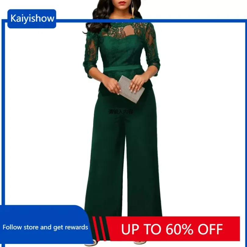 

Women Jumpsuit Patchwork See Through Lace High Waist Half Sleeve Vintage O Neck Female Elegant Modest Big Size Ladies Playsuits