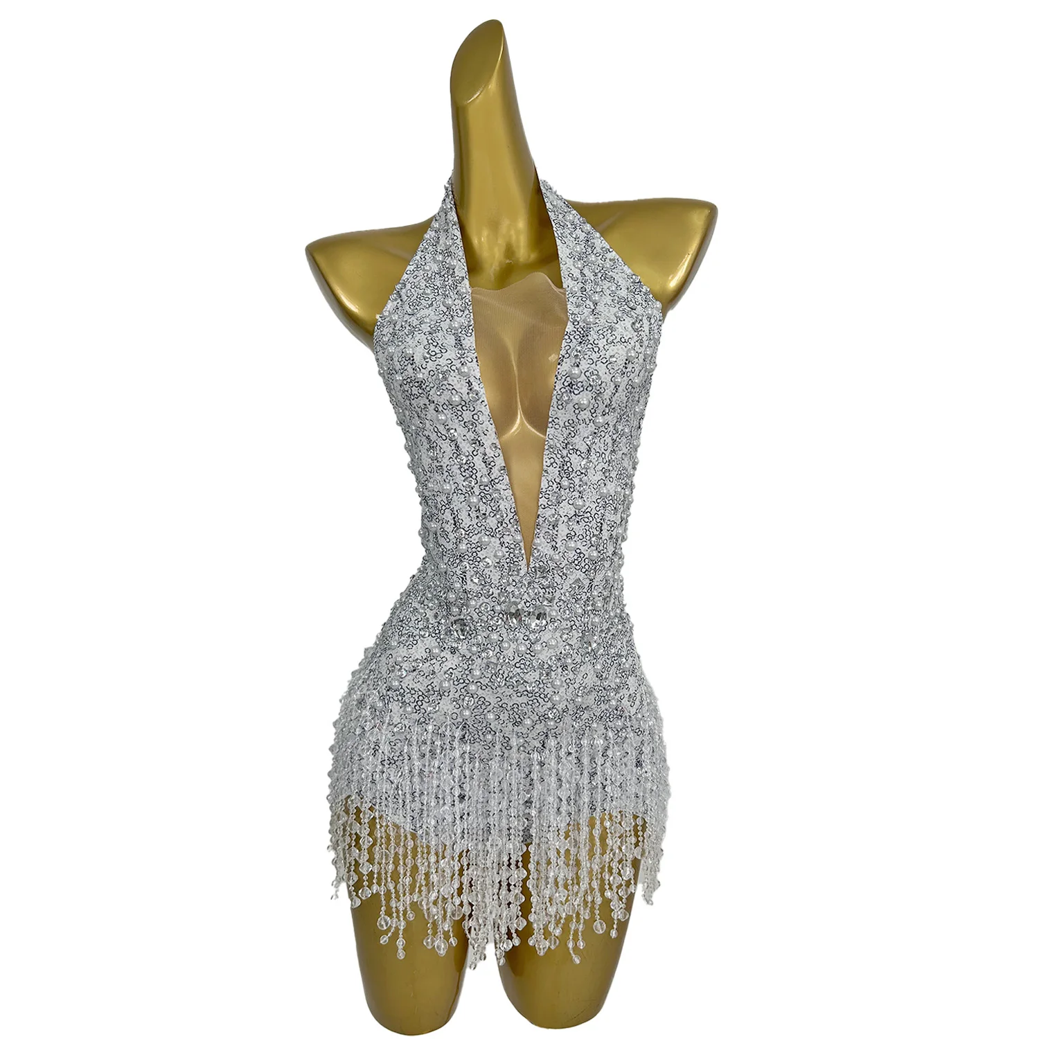 

Women's Tassel Deep V Neck Bodysuit Club Sexy Dance Show Bodysuit Spandex Sparkly Crystals Halter Neck Bodysuit Photography Wear