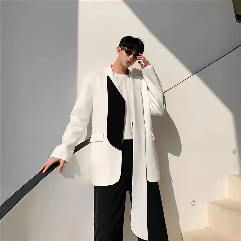 Non Buttoned Cardigan Suit Personalized Trend Black and White Color Combination Casual High-end Sense Contrasting Color Jacket