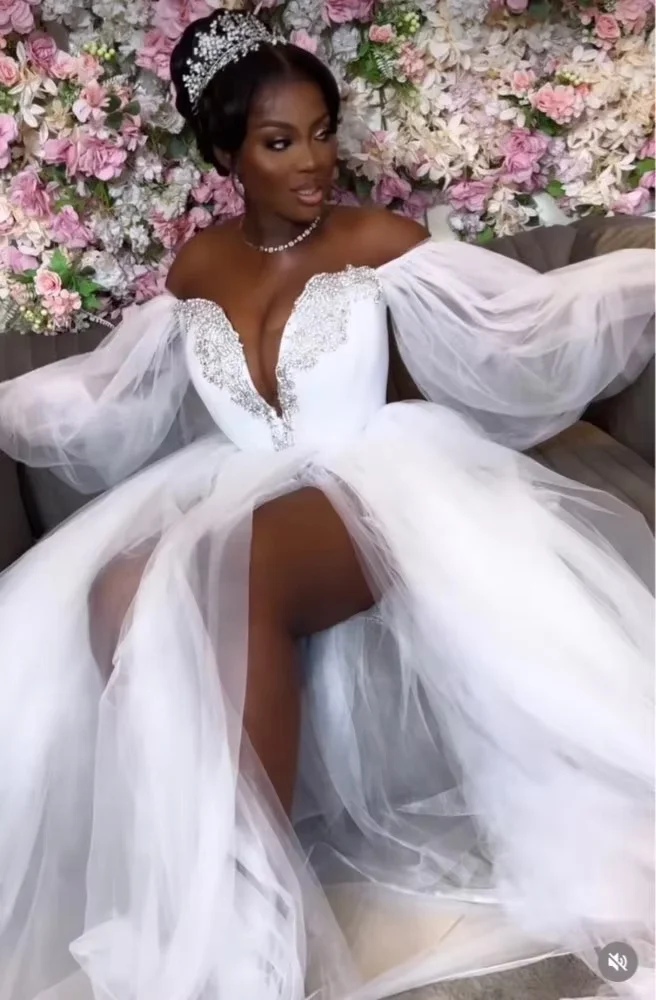 White Bride Robes for Wedding Off Shoulder Long Sleeve Side Split Tulle Crystal African Customized Bridal Shower Dresses