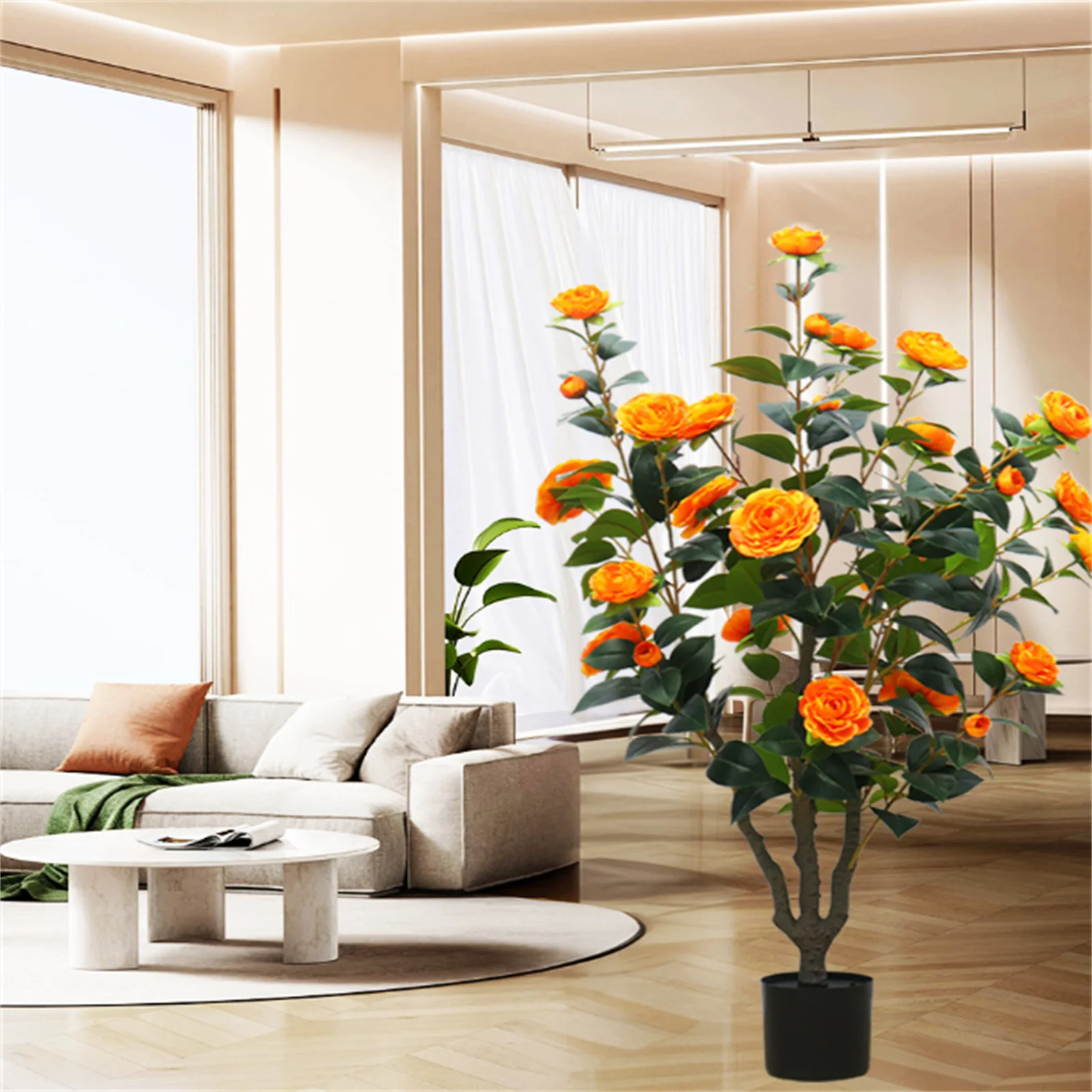 Artificial Camellia Tree, 39’’ Faux Tree with 28 Blooming Orange Flowers, Realistic Faux Camellia Plant in Cement Pot,For Home