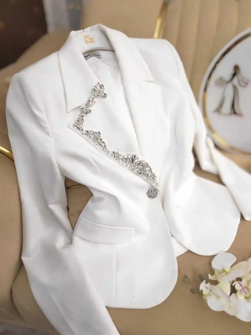 リアルピクチャー ワンボタン レディーススーツ 上下2点セット 高級クリスタルジャケット カスタムメイド パーティー フォーマルドレス
