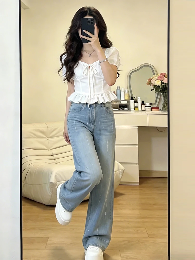 

Summer 2026 Women's Slimming High Waist Loose Fit Thin Denim Jeans Glittering Tube Leg Wide Leg Pants Spring Stand Fit