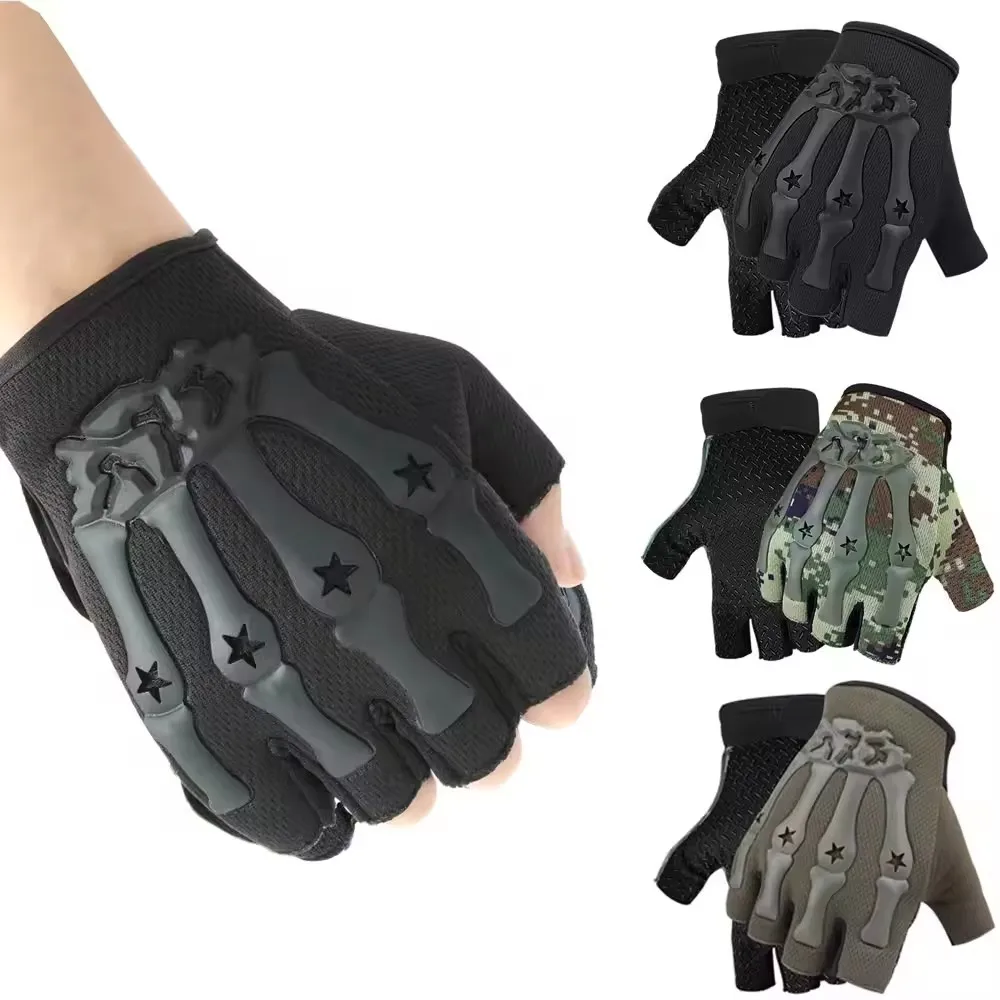 Five Pointed Star Skeleton Tactical Gloves for Men Outdoor Cycling Anti Slip Breathable Half Finger Gloves for Fitness Exercise