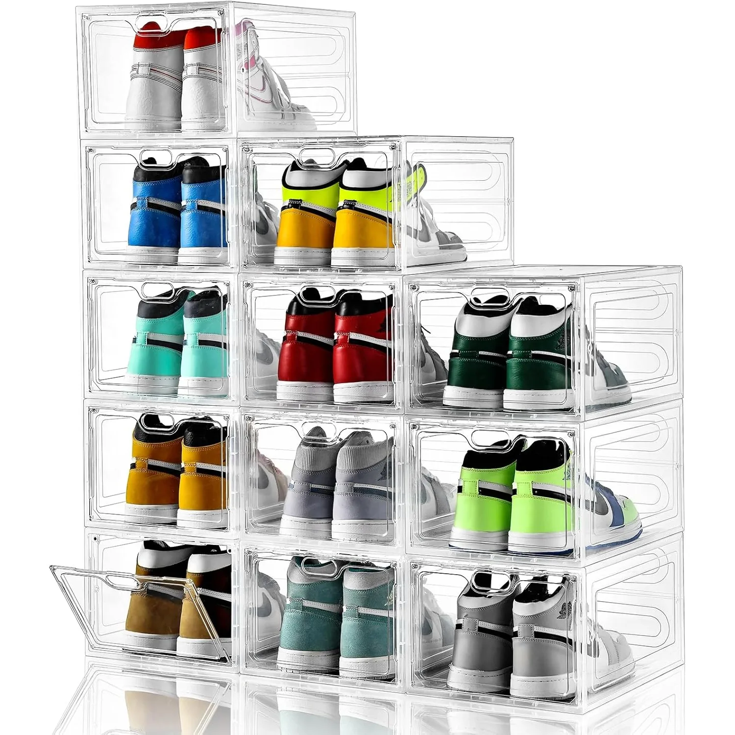 12 Pack Shoe Storage Boxes, Stackable Clear Boxes With Doors, Organizer Containers For Sneakers - Fit US Men's/Women's Size 12