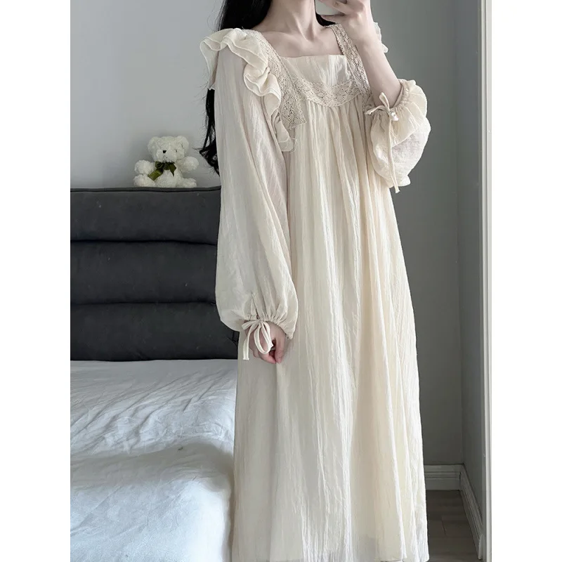 

Lace Nightgown Sleepwear Women Korean Ruffles Night Dress Spring One Piece Pajamas Long Sleeve Square Collar Home Wear 2026 New