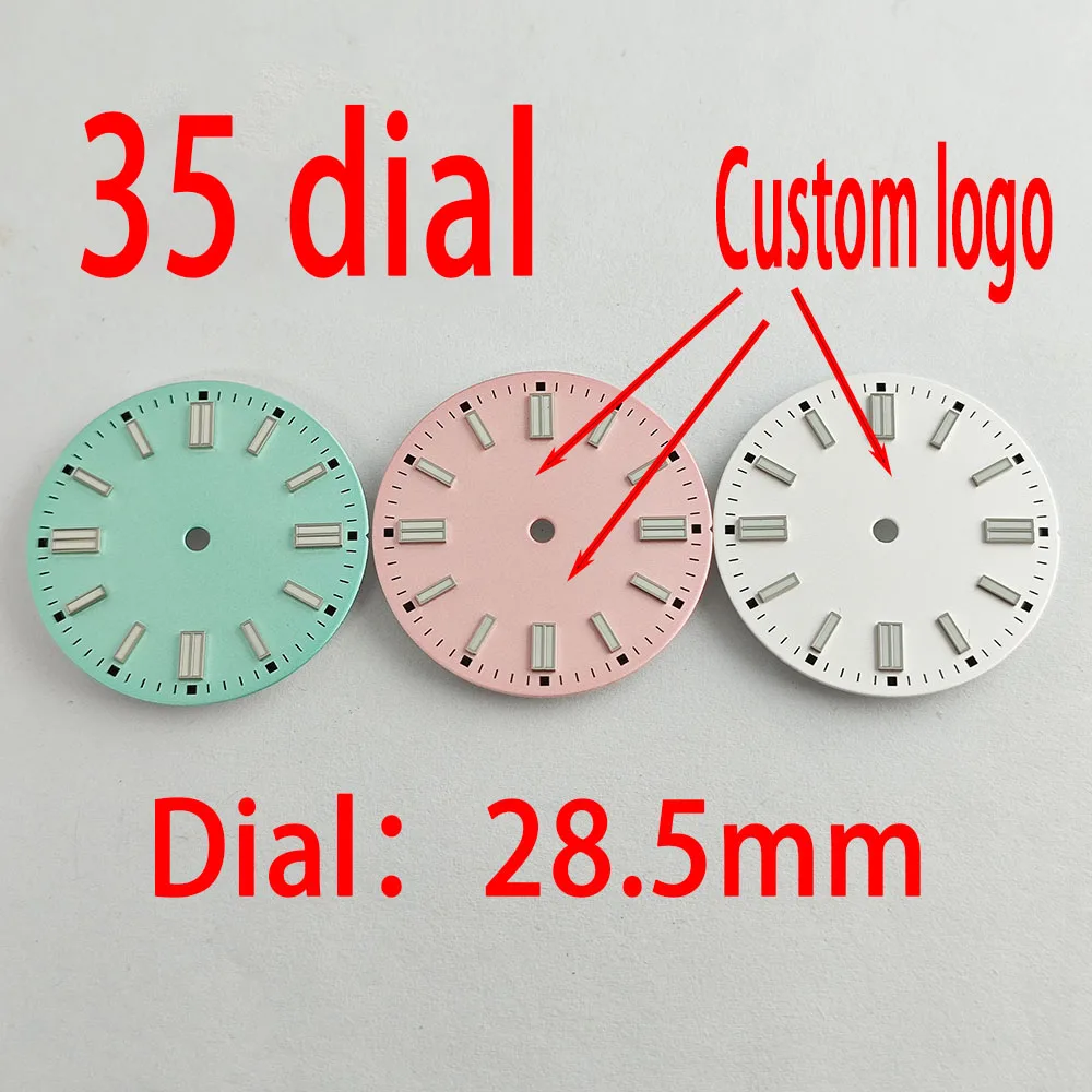 قرص ساعة 28.5 ملم أخضر مضيء، شعار مخصص للساعة بدون واجهة تقويمية، يمكن أن يكون سلسلة N 35 ملحقات أخرى