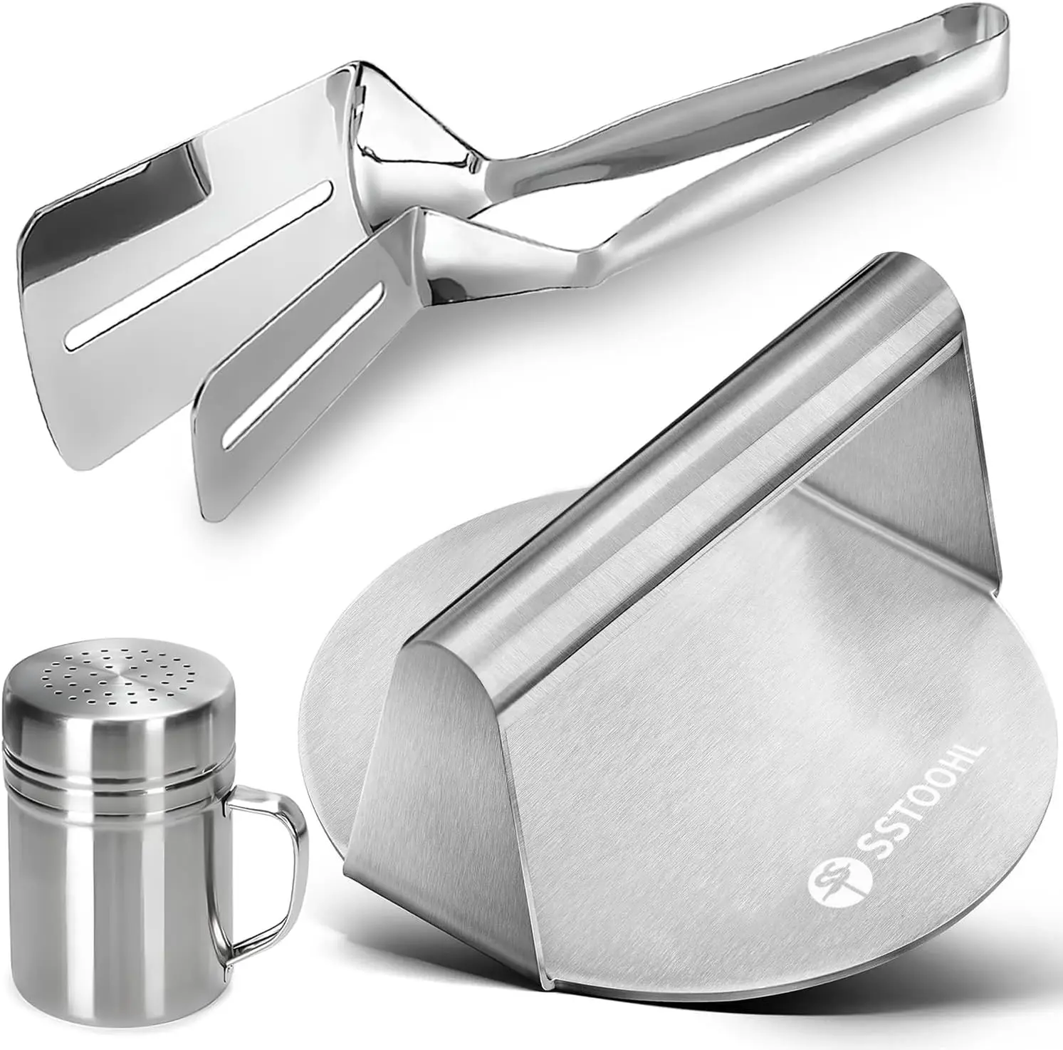 

3-in-1 Burger Press Set: Stainless Steel Grill Spatula & Spice Shaker for BBQ, Pancakes, Non-Slip
