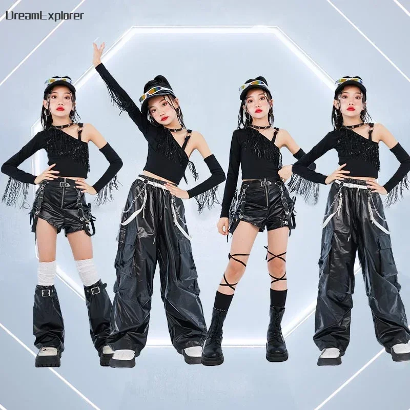 Hip Hop Girls K-pop Crop Top Street Dance Pu Leather Cargo Pant Kids Streetwear Shorts Child Jazz Hot Pants Costume Clothes Sets