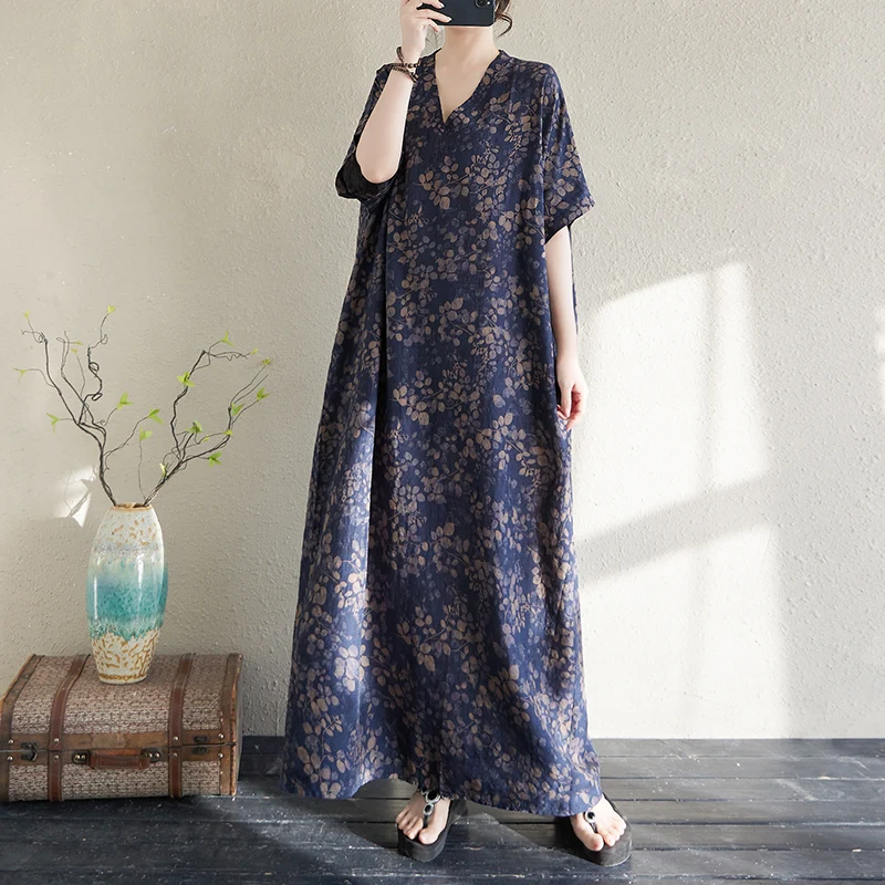 

Summer New Cotton Linen Print V-neck Loose plus Size Simple Holiday Style Long Dress Women Beach Skirt Thin A-line Skirt