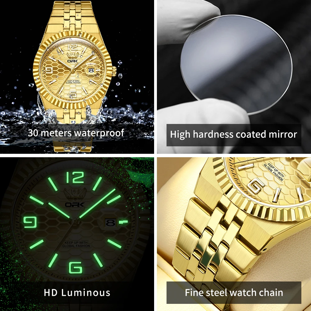 OPK 8186 ساعة رجال الأعمال ستانلس ستيل مقاومة للماء تاريخ تلقائي كوارتز ساعة رجالية