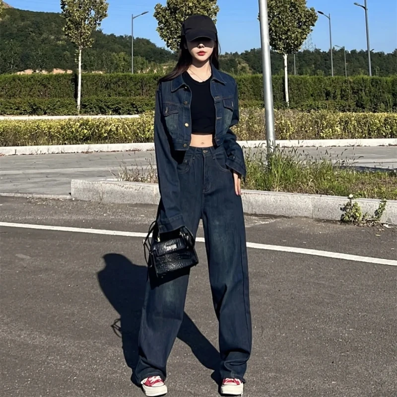 Women Fashion Denim Matching Sets Japan Korean Vintage Short Jackets Wide Leg Pants 2 Piece Suit Spring Summer Coat Jeans Outfit