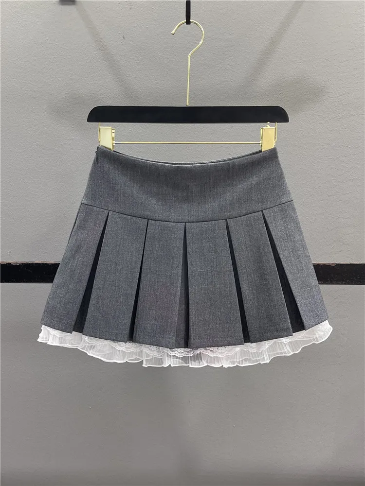 

Sweet Lace Trim Pleated A-Line Skirt Women's High Waist Slimming Summer New Style Anti-static Casual Cotton Blend Skirt
