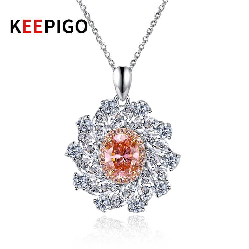 KEEPIGO S925 Sterling Silver Inside Orange Oval High Carbon Diamond Pendant Necklace For Girl Birthday Gift Fine Jewelry RA225