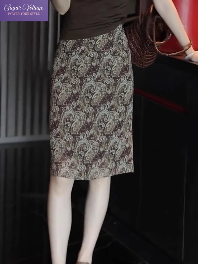 

French Retro Style Paisley Print Midi Skirt Women High Waist Brown Slim Skirt Summer Elegant Pretty Office Lady Draped Bottom