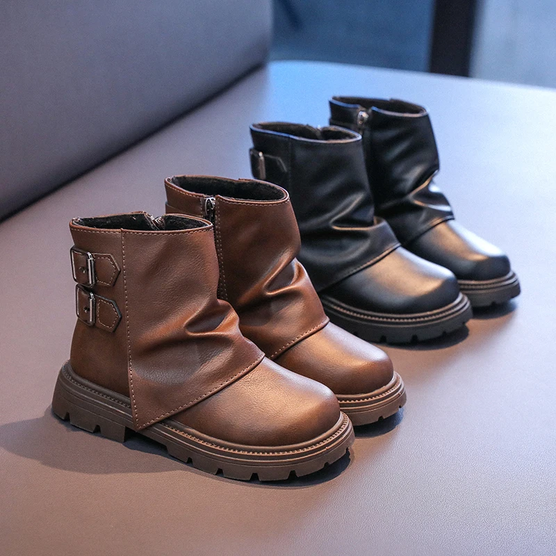 

Winter Girls Biker Boots Fashion Belt Buckle Kids Elegant Platform Flats Short Boot Casual Girls Knight Booties Children Shoes