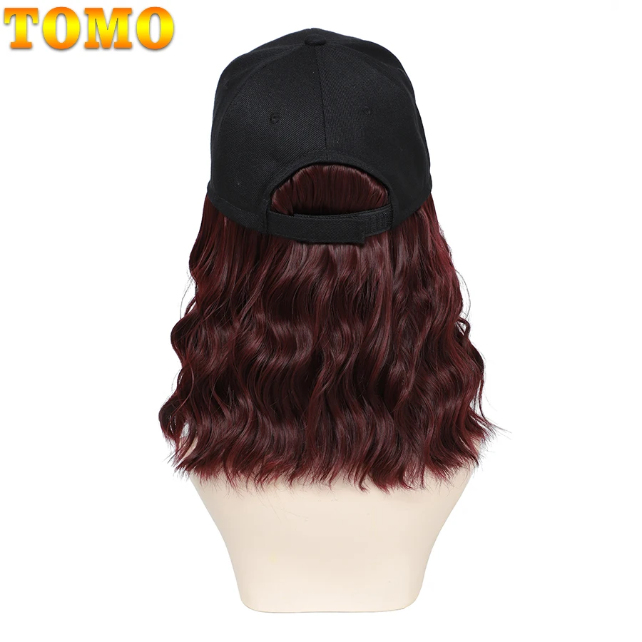 TOMO-Peluca de gorra de béisbol con pelo rizado, sombrero de baloncesto negro, extensiones de cabello ondulado para mujeres y niñas