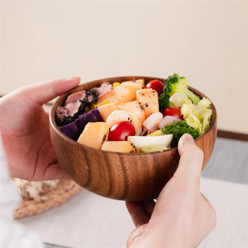 ABXF-Wooden Bowl Large Instant Noodle Bowl Soup Bowl For Home Use Wooden Anti-Scalding Children's Salad Rice Bowl